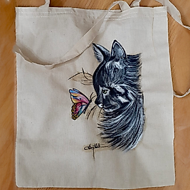 El Boyaması Bez Çanta –  Kelebek ve Kedi Deseni