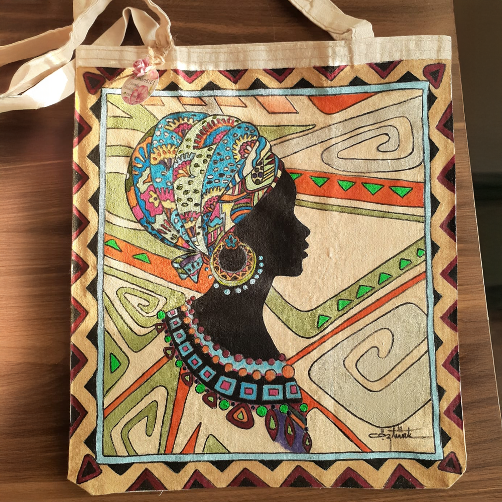 El Boyaması Bez Çanta – Afrikalı Kadın Portreli