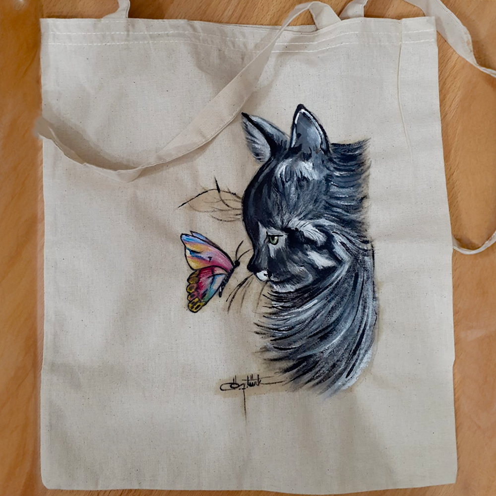 El Boyaması Bez Çanta –  Kelebek ve Kedi Deseni