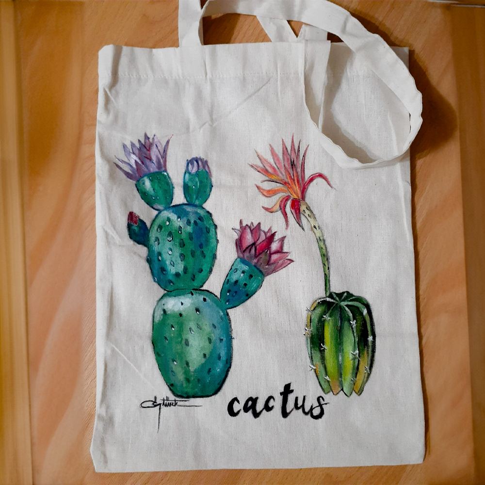 El Boyaması Bez Çanta – Kaktüs Deseni
